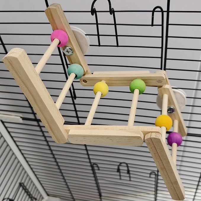 Wooden Bird Ladder Toy, 12 Inch Foldable Hardwood Parrot Climbing Bridge with Colorful Beads, 2 Pack Tri-Section Cage Accessories for Cockatiels, Conures, Lovebirds, 4 Inch Wide