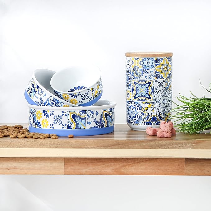 Bone Dry Ceramic Food & Water Bowls for Pets Non-Slip for Secure, Less Messy Feeding, Microwave & Dishwasher Safe, Small Set, 4.25x2, Azulejos Tile, 2 Count