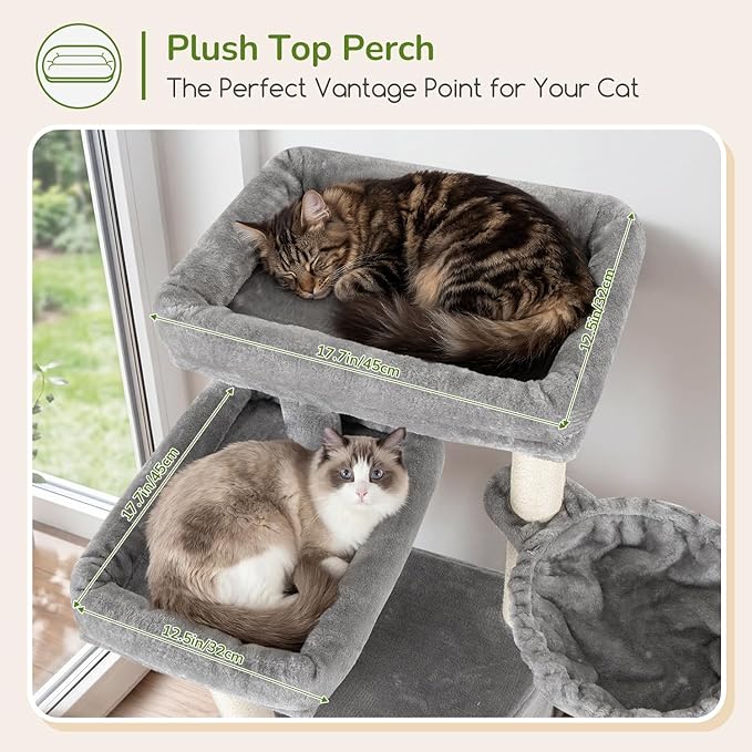 Globlazer Tall Cat Tree Tower for Large Adult Cats, Multi-Level Large 65 Inch Cat Scratching Tower with Hammock, 6 Scratching Posts, Basket and 2 Perches for Indoor Multiple Cats, F65D, Light Grey
