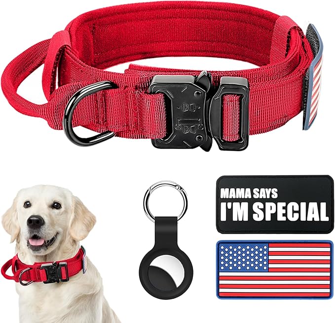 Celifelight Tactical Dog Collar and Bungee Leash,Military & Leash Set with USA American Flag Adjustable K9 Heavy Duty Metal Buckle Handle,with Patches Airtags Case (XL, Red(1PCS))