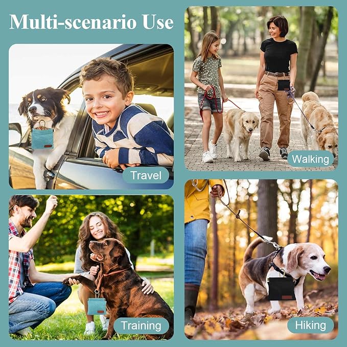 2Pcs Dog Treat Pouches for Pet Training, Hand Free Puppy Dogs Treat Bag with Carabiner, Portable Auto Closing Pet Dog Walking Bag for Travel or Outdoor Use, Pets Feed Snack Reward Pocket- Green, Black