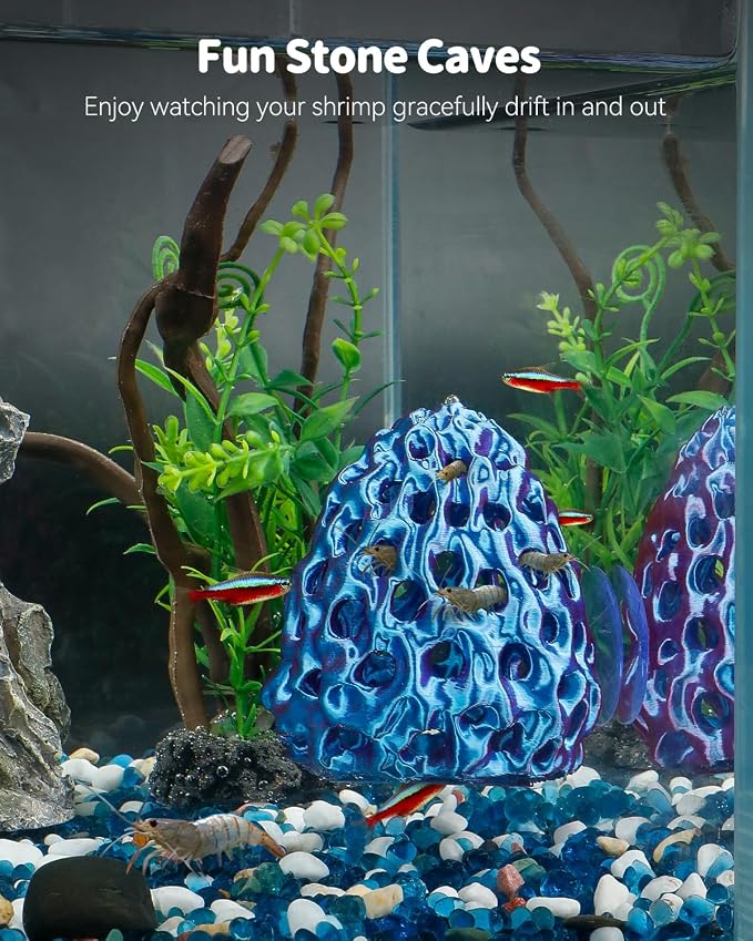 Uniclife Shrimp Hides for Aquariums, Realistic Plastic Aquarium Coral Rock Decorations with Suction Cups, Blue-Violet