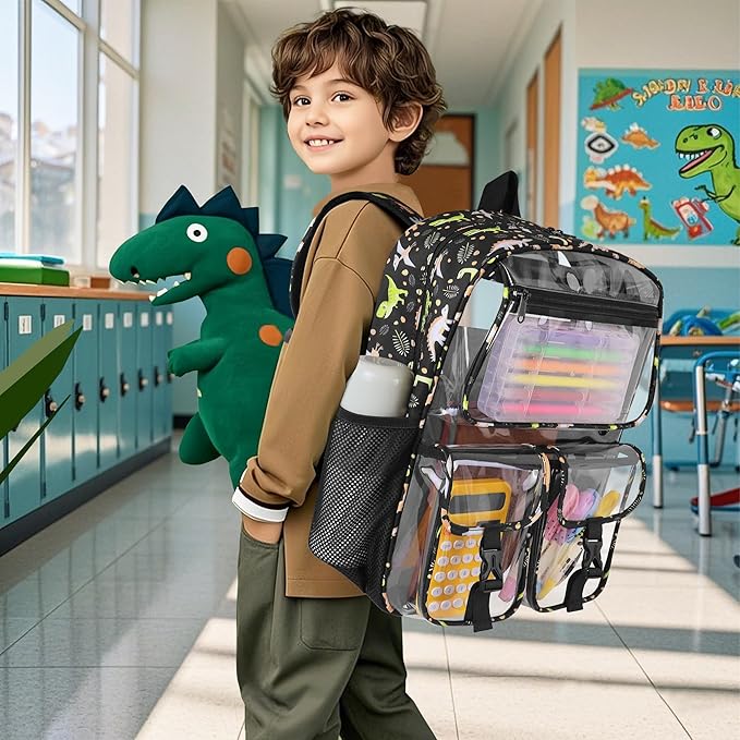 Clear Backpack for Boys, School Kids Heavy Duty See Through Bookbag Dinosaur Transparent Backpacks with Thicker Straps