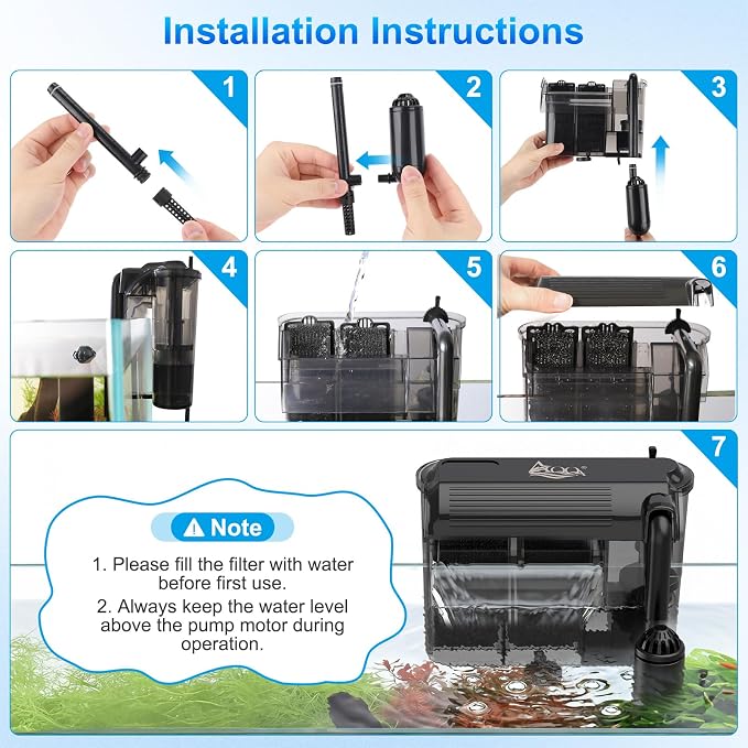 AQQA Aquarium Hang on Back Filter Whisper Fish Tank HOB Filter | Adjustable Flow, Multi-Stage Filtration with Surface Skimmer & Sponge Guard for Small Fish Tanks 10-30 Gallon (5W, 106GPH)