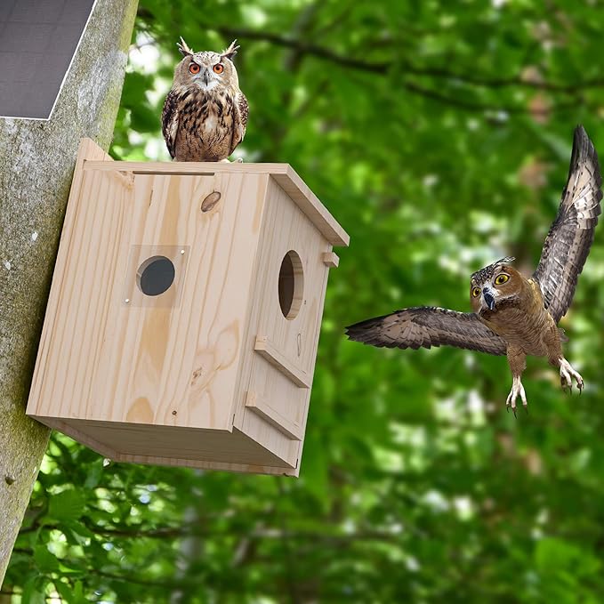 Solar-Powered Smart Owl House with Camera - Outdoor Hanging Wooden Nesting Box, Real-Time View & Motion Detection, for Garden for 2.4g WiFi Coverage Area, for Owl Lovers