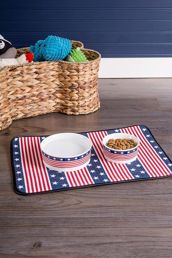 Bone Dry Ceramic Food & Water Bowls for Pets Non-Slip for Secure, Less Messy Feeding, Microwave & Dishwasher Safe, Large Set, 7.5x2.4", Stars and Stripes, 2 Count