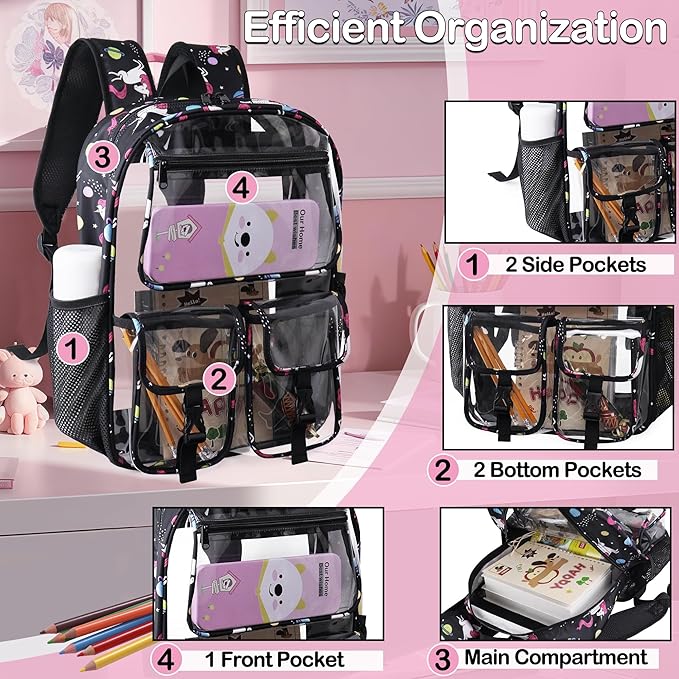 Clear Backpack for Girls, School Kids Heavy Duty See Through Bookbag Unicorn Transparent Backpack with Thicker Strap, Pink