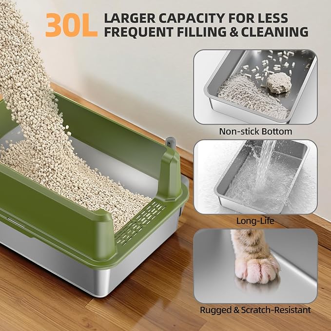 WoofiGo Enclosed Stainless Steel Cat Litter Box with Lid, XL Extra Large Litter Box for Big Cats, Metal Litter Pan High Sided, Never Absorbs Odors, Anti-Urine Leakage, Include Scoop (65-Green)