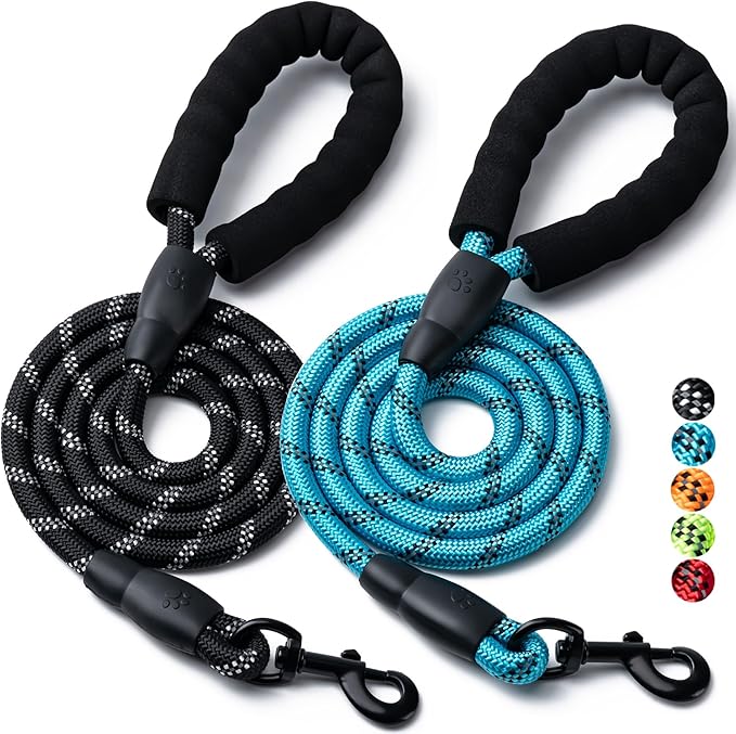 2 Pack Dog Leash, 4/5//6 FT Heavy Duty Nylon Rope Pet Leashes with Comfortable Padded Handle, Reflective Dog Leashes for Small Medium and Large Dogs (4FT-3/8,Black/Blue)