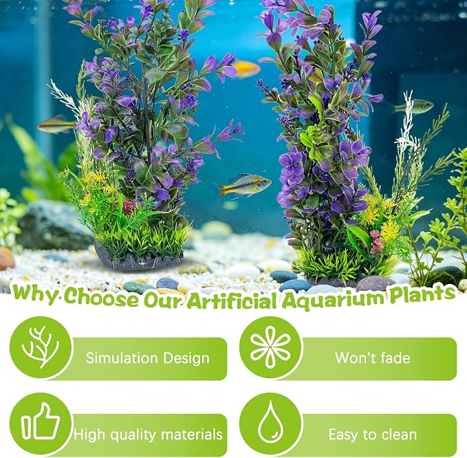 kathson 2Pcs Plastic Aquarium Plants 12.6 Inch Artificial Fish Tank Plants Large Aquarium Decorations Fake Seaweed Tall Fish Tank Decorations (Purple)