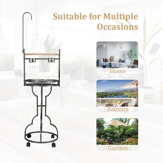 72" Parrot Stand Large Bird Playstand, Wood Perch with Easy Grip Pet Products,Stainless Steel Tray Bowls Toy Hook Rolling Wheel, Wrought Iron Bird Play Ground Rolling Stand