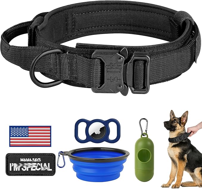 HYDEME Adjustable Tactical Dog Collar Military Training Nylon Collar with Control Handle and Heavy Metal Buckle for Medium and Large Dogs.(M, Black)