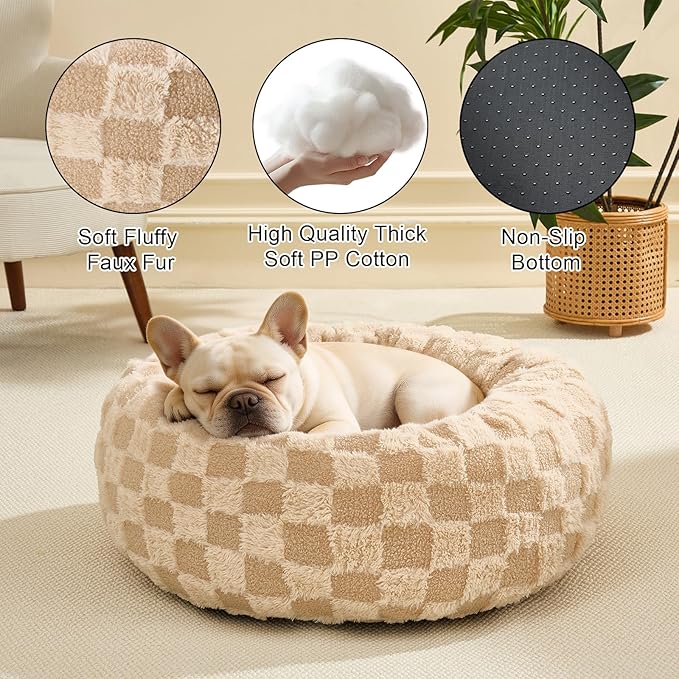 Dog Calming Beds for Small Medium Large Dogs - Round Donut Washable Puppy Dog Bed, Anti-Slip Faux Fur Fluffy Donut Cuddle Anxiety Cat Pet Bed (24" Grid)