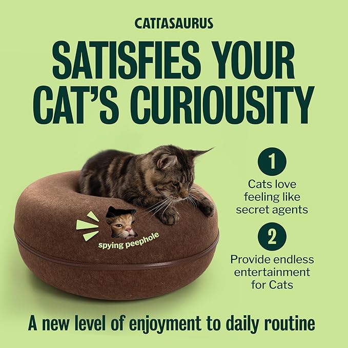 Cattasaurus Peekaboo Cat Cave Donut for Multiple & Large Cats up to 30-45 lbs, 3-in-1 Self Warming Cat Bed, Tunnel & Scratcher for Indoor Cats, Washable & Detachable Small Dog Bed (Brown, Jumbo)