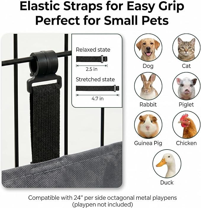 PJYuCien Octagonal Playpen Bottom Pad for 24" Side Metal Pet Pen, Waterproof 600D Oxford with Raised Edges & Snap Hooks, Washable for Puppy Small Animals, Grey