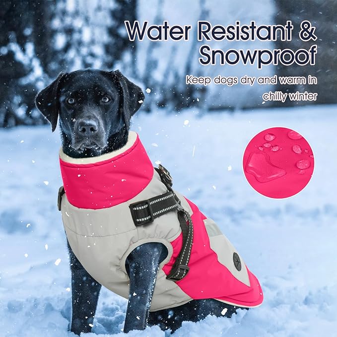 IECOii Dog Coat for Large Dogs Waterproof Dog Winter Jacket with Harness Built in, Rosered - XXLarge, Thermal Warm Fleece Lined, Reflective Dogs Jackets for Cold Weather Camping, Hiking, Pitbull
