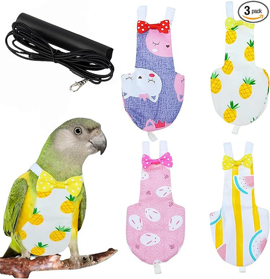 2Pcs Bird Diapers Bird Harness Flight Suits Diapers with 80 Inch Flying Leash Parrot Nappy Washable Cute Urine Wet Suit for Cockatiel Conure Macaw Budgies Parakeet-Kitten&Watermelon,M