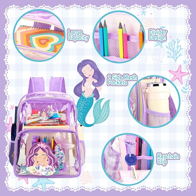 Kacctyen 3 Pcs Clear Backpack Heavy Duty Clear Stadium Bag Transparent Backpack with Lunch Bag(Purple,Mermaid)