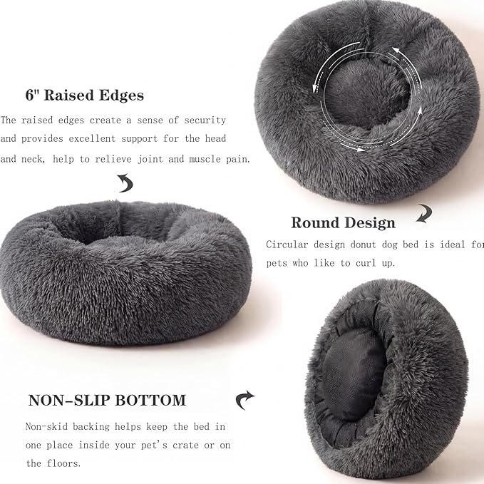 Small Calming Dogs Bed for Small Dogs Anti-Anxiety Machine Washable Fluffy Luxury Anti-Slip Waterproof Mute Base Warming Cozy Soft Pet Puppy Round Bed