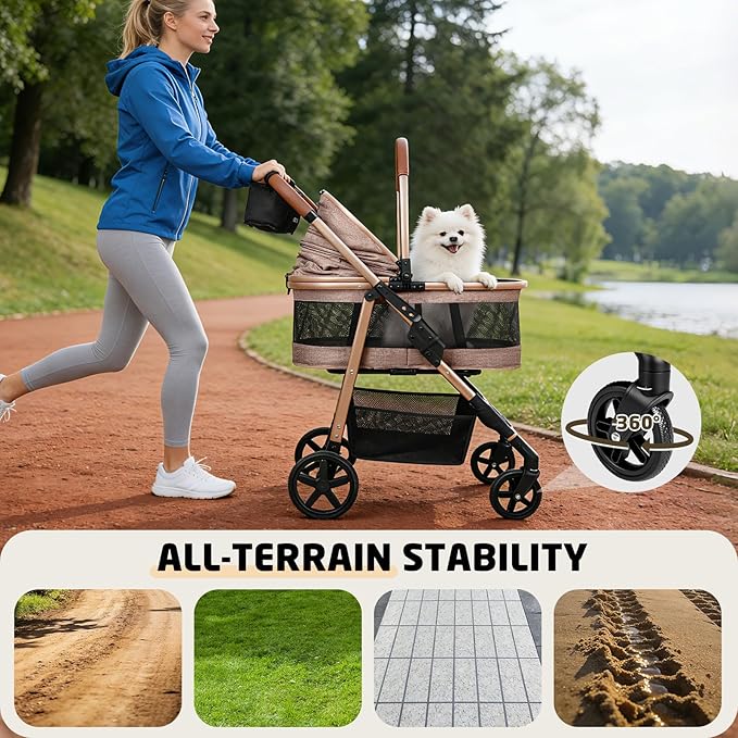 Pet Stroller for Small/Medium Dogs & Cats Up to 50 lbs, 3-in-1 Foldable Stroller w/Detachable Carrier & Car Seat, Removable All-Season Liner, Sunshade, Storage Basket & Cup Holder, All-Terrain, Khaki