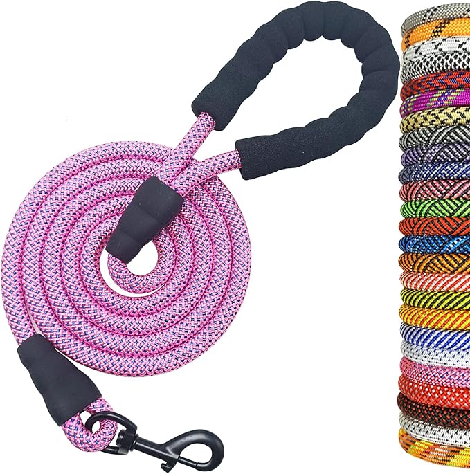 MayPaw Heavy Duty Rope Dog Leash, 3/4/5/6/7/8/10/12/15 FT Nylon Pet Leash, Soft Padded Handle Thick Lead Leashes for Large Medium Dogs (Pink-Blue dot, 1/2" * 8')