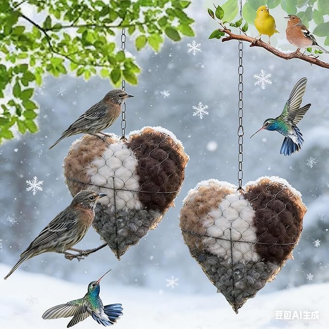 2026 new Handmade Alpaca Fiber Bird nest Heart, Bird nest Material Frame, Winter Wild Bird Tree House, Hummingbird nest Box Outdoor Garden Art Bird House, a Gift for Bird Lovers. (2pc)