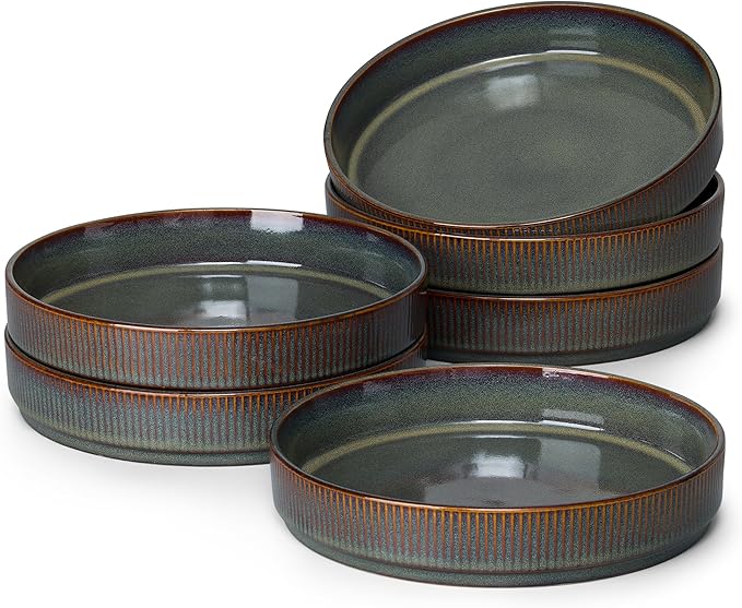 E-far Pasta Bowls Set of 6, 35oz Large Salad Bowl Plate for Dinner Serving, Wide & Shallow Ceramic Stoneware Pasta Plates, Microwave & Dishwasher Safe, Reactive Glaze Textured Stripes, Blackish Green