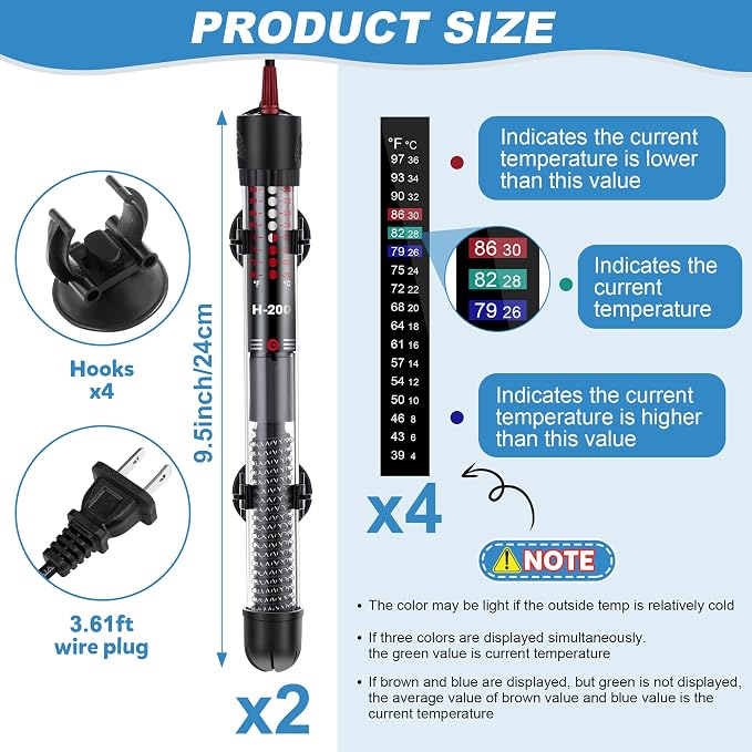 Dreyoo 2 Set 100W Submersible Aquarium Heater with 4 Thermometer Stickers | Adjustable Aquarium Fish Tank Heater with Suckers, Adjustable Knob Thermostat for Marine Saltwater and Freshwater