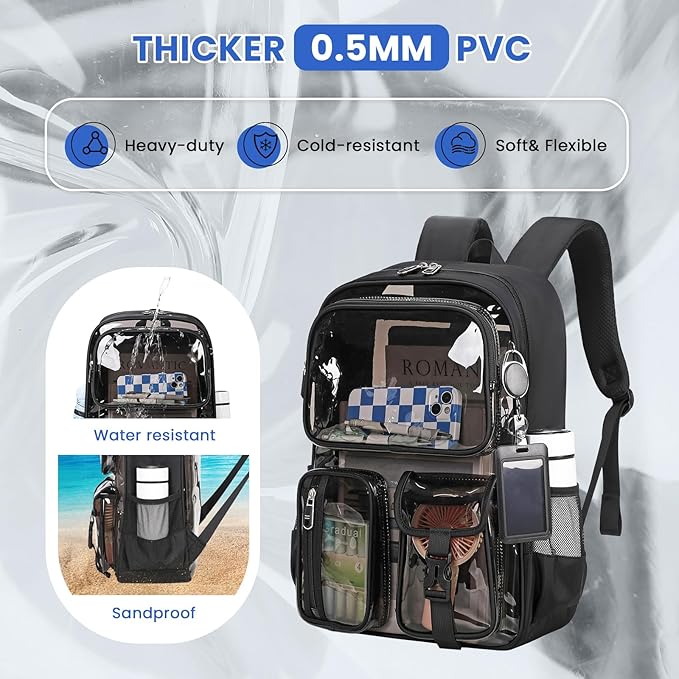 MUSEVOS Clear Backpack for School, Heavy Duty Clear Bookbag for Girls Boys Transparent Backpack with Badge Holder, Semi-Black