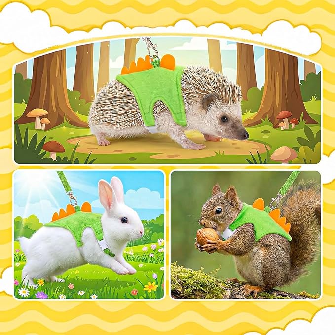 Dinosaur Shaped Harness and Leash Set, Adjustable Small Animal Harness for Hedgehog, Ferret, Guinea Pig, Hamster, Soft Plush Material, Safety Bell, Green
