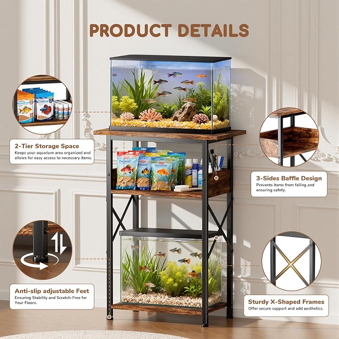 5-10 Gallon Fish Tank Stand with Storage Shelves, 3-Tier Aquarium Stand with Rust-Proof Metal Frame, Heavy Duty Waterproof Reptile Turtle Tank Stand for Home Office Up to 150LBS, 21.5" L x 11.5" W x 30" H, Rustic Brown