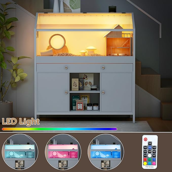 Pipleo Hamster Cage with Storage Cabinet,43.3" Small Animal Cage with LED Lights and Fan, Easy View Acrylic Panel, Large Habitat for Guinea Pig, Hedgehog,Rat 43.3"x 15.7"x 43.3"