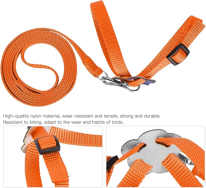 Bird Harness and Leash, 120cm Pet Parrots Adjustable Nylon Anti‑Bite Training Rope for Outdoor Flying Parrot Harness Leash Training Supplies for Parrots Alexandrine, Scarlet, Keck, Mini Macaw(Orange)