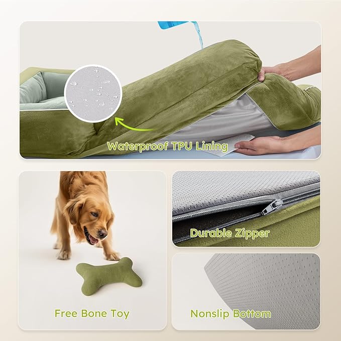 CWAWZ XXL Dog Bed for Extra Large Dogs, Giant Orthopedic Dog Bed with Cooling Gel Memory Foam, Waterproof Pet Bed with Removable Washable Cover, 53" Pet Sofa bed Dutch Velvet with Bone Toy, Dark Green