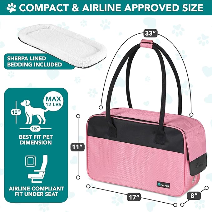 PetAmi Dog Purse Carrier for Small Dogs, Airline Approved Soft Sided Pet Carrier with Pockets, Ventilated Dog Carrying Bag for Puppy Cat, Dog Travel Supplies Bag, Sherpa Bed, Max 12 lbs, Pink
