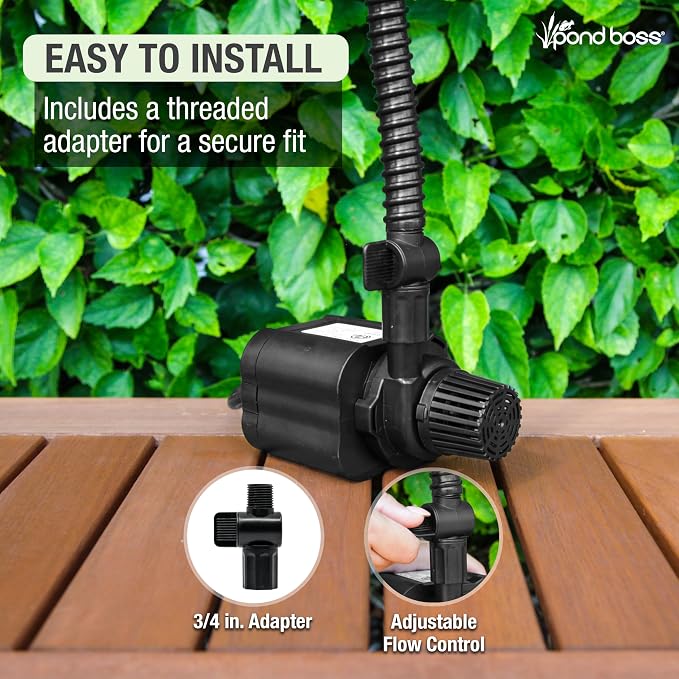 pond boss 800 GPH Submersible Water Pump for Hydroponics, Aquaponics, and Ponds – Adjustable Flow, Quiet Operation, Threaded Adapter, 16 ft Cord