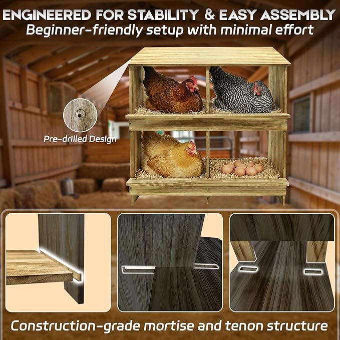 Wooden 4 Holes Chicken Nesting Boxes for Laying Eggs, Gold Standard Two-Tier Nest Box for Chickens, Farmhouse Series Laying Boxes for Hens, Ducks and Birds