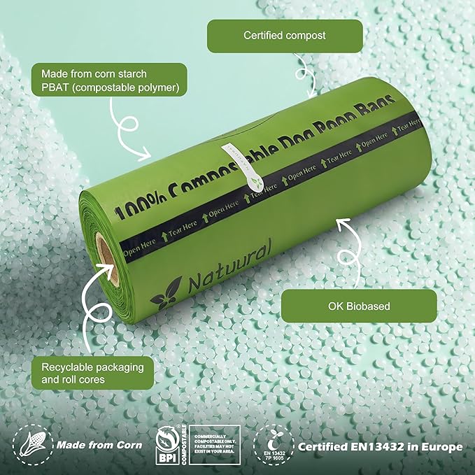 Compostable Dog Poop Bags-300 Bags 1Rolls, Poop Bags for Dogs Made of Cornstarch, Unscented, Ideal for Backyard or Home and Cat Litter Disposal