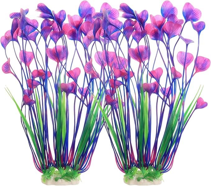 2 Pack Artificial Aquarium Plants, 15.8 Inch Tall, Seaweed, Purple, Plastic, Weighted Ceramic Base, for Aquarium, Indoor