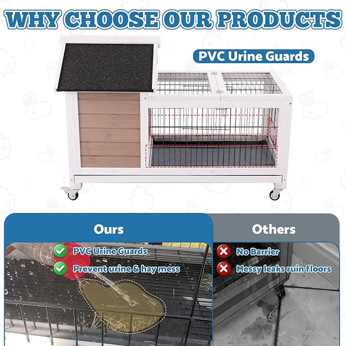 Rabbit Hutch Indoor Outdoor Weatherproof, Bunny Cage with Casters, Urine Guards, Leakproof Tray, Metal Feeder & Openable Roof, Easy Clean for Small Animals