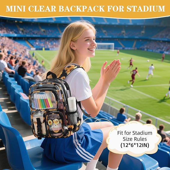 Mini Clear Backpack for Stadium Approved 12x6x12, Small Transparent Backpacks Plastic See Through Clear Bag for Kids Girls Women for Sporting Event, Concerts, Work, Festival (Sunflower)