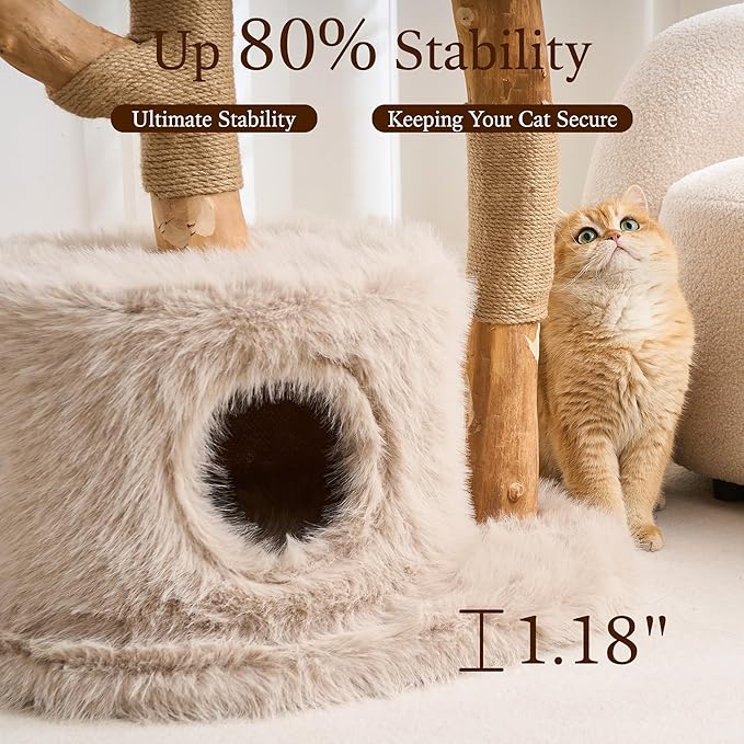 HITTITE Natural Wood Cat Tree Tower with Scratching Post, 40 Inches Tall Modern Cat Tower with Cozy Bed and Condo, Luxury Real Branch Cat Tree for Indoor Cats Large Adult, Khaki.