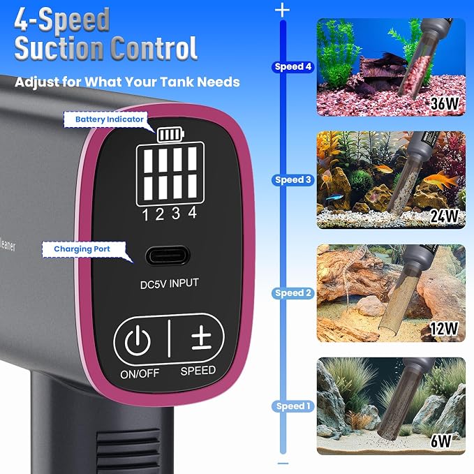 Cordless Aquarium Gravel Cleaner: 36W Electric Fish Tank Vacuum Cleaner | Rechargeable & 4 Adjustable Suction, Anti-Clog for Debris Clean & Sand Washing,Automatic Water Changer for 10-75 Gallon Tank