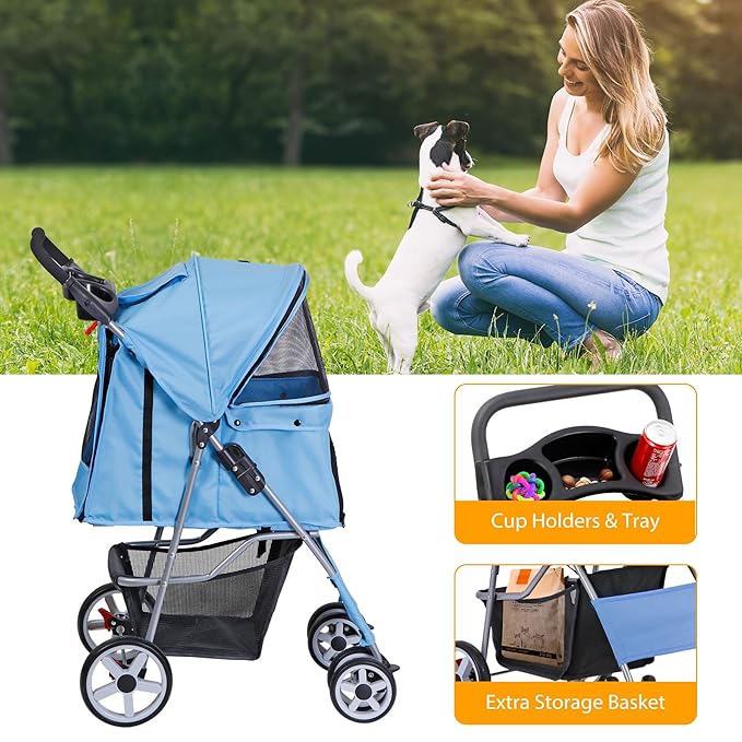 4 Wheels Dog Stroller Folding Pet Strolling Cart for Small Medium Cats Puppies Portable Jogger Travel Camping Puppy Carrier with Storage Basket Cup Holder, Blue