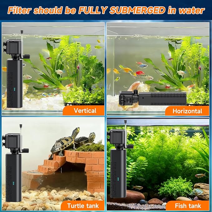 25W UV Aquarium Filter, 200 GPH Pump with Timer for 20-75 Gal Tanks | Five-function submersible system with dual-stage filtration, adjustable flow, low-water setup, and UV status light