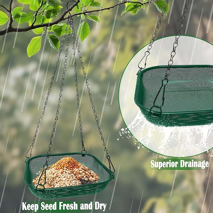 Hanging Bird Feeder for Outdoors – 11 in Square Metal Mesh Bird Feeder Tray Platform for Wild Birds, Green