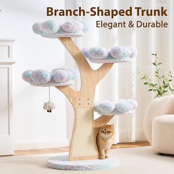 Aesthetic Flower Cat Tree Tower with Scratching Post for Indoor Cats, 48" Modern Cat Tree with Wood Sculpted Branch, Flower Cat Beds, Scratching Board & Interactive Squeaky Toy, Dreamy Blue