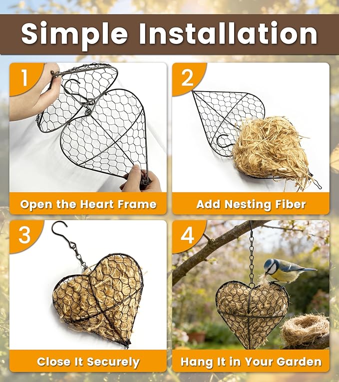 Bird Nesting Heart with Natural Nesting Fibers, Refillable Bird Nesting Material Holder for Hummingbirds, Outdoor Garden Art Decor Gift for Bird Lovers