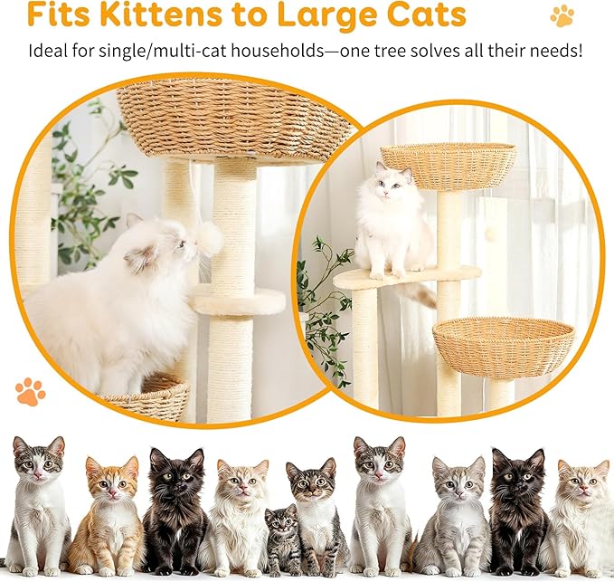Modern Cat Tree Tower,Three Hand-Woven cat beds, Sisal-Covered Scratching Posts for Indoor Cats, Multi-Level Cat Condo with Space Capsule Nest, Tall Cat Tree for Multiple Large Cats