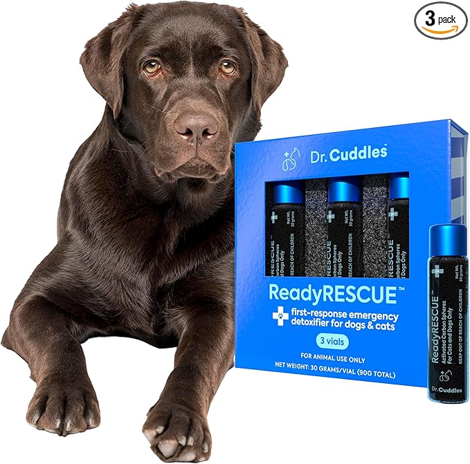 Dr. Cuddles ReadyRESCUE Activated Charcoal Powder for Dogs and Cats - Veterinary-Grade Pet First Aid Kit Essential - Fast Acting Emergency Poison Binder - Safe and Travel Ready - 30 g Pack of 3